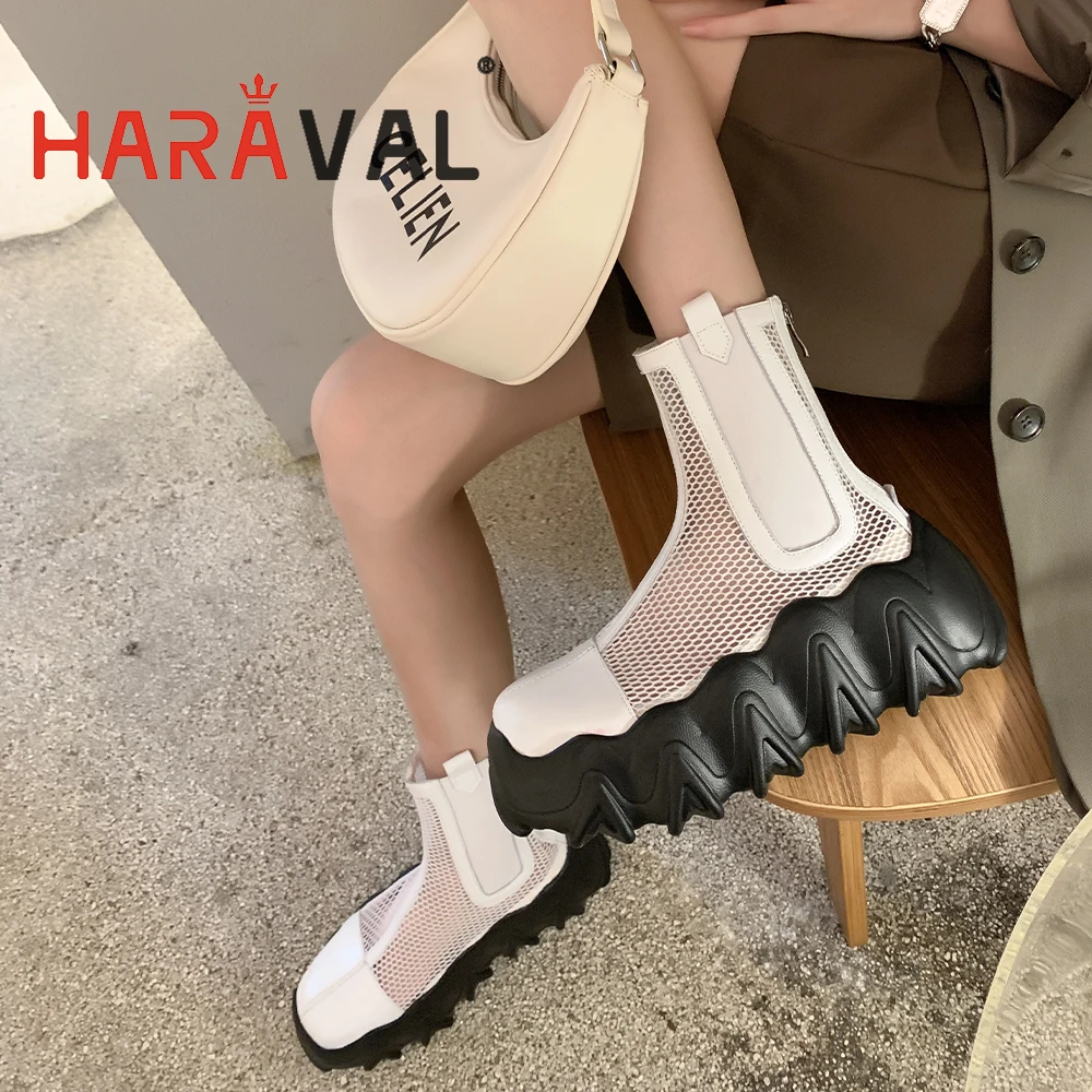 

HARAVAL Women Summer Boots Shoes Thick Heels Strang Heel Squared Toe Fashion Zipper Black White Brown Mesh Shoes For Lady E94L