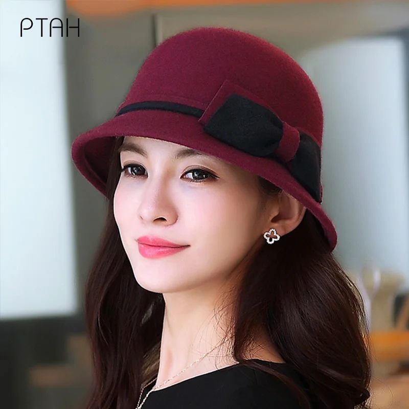 

[PTAH] Brand Fedoras Winter Autumn 100% Woolen Women Ladies Fedoras Top Jazz Hat European American Round Caps Bowler Hats Party