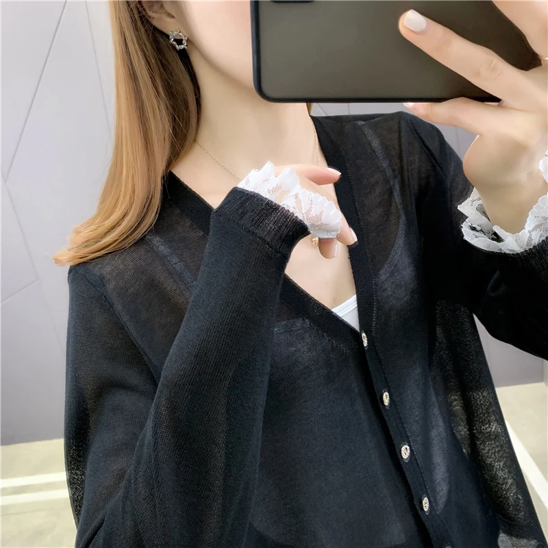 

Room 195303 8 Row No.4 lower] real shooting lace stitching solid color thin knitted sunscreen cardigan 34