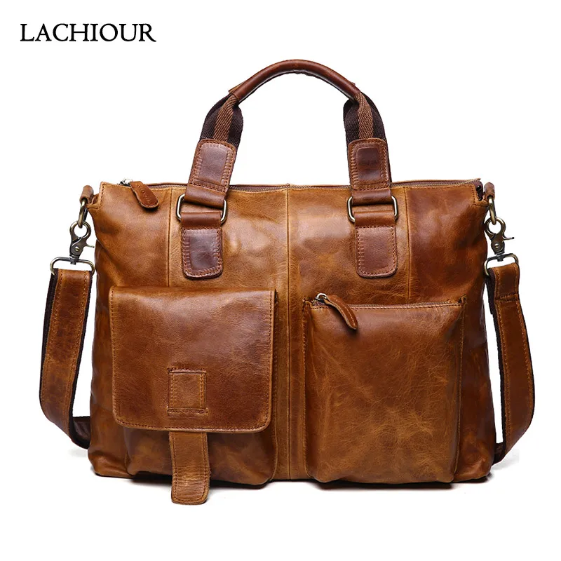 LACHIOUR Business Office Handag Men Real CRAZY HORSE Genuine Leather Messenger Bag Male Ducument Travel Laptop Shoulder Bag