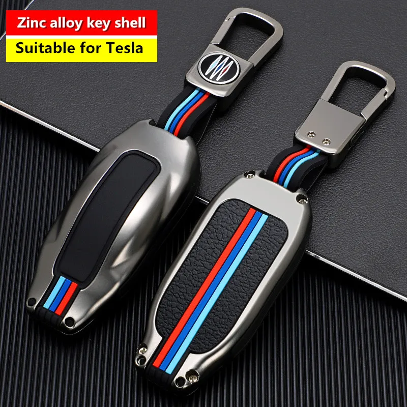 Car Key Case Cover with Belt Aluminum Alloy Key Shell Storage Bag Protector for Tesla Model S Model 3 Model X Accessories