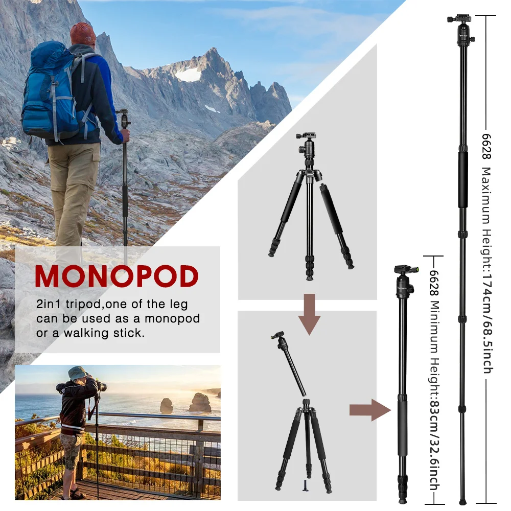 

Camera Tripod for Professional Photography Foldable Travel Aluminum Tall Tripod for DSLR/Mirrorless/iPad/Mobile phone/Video