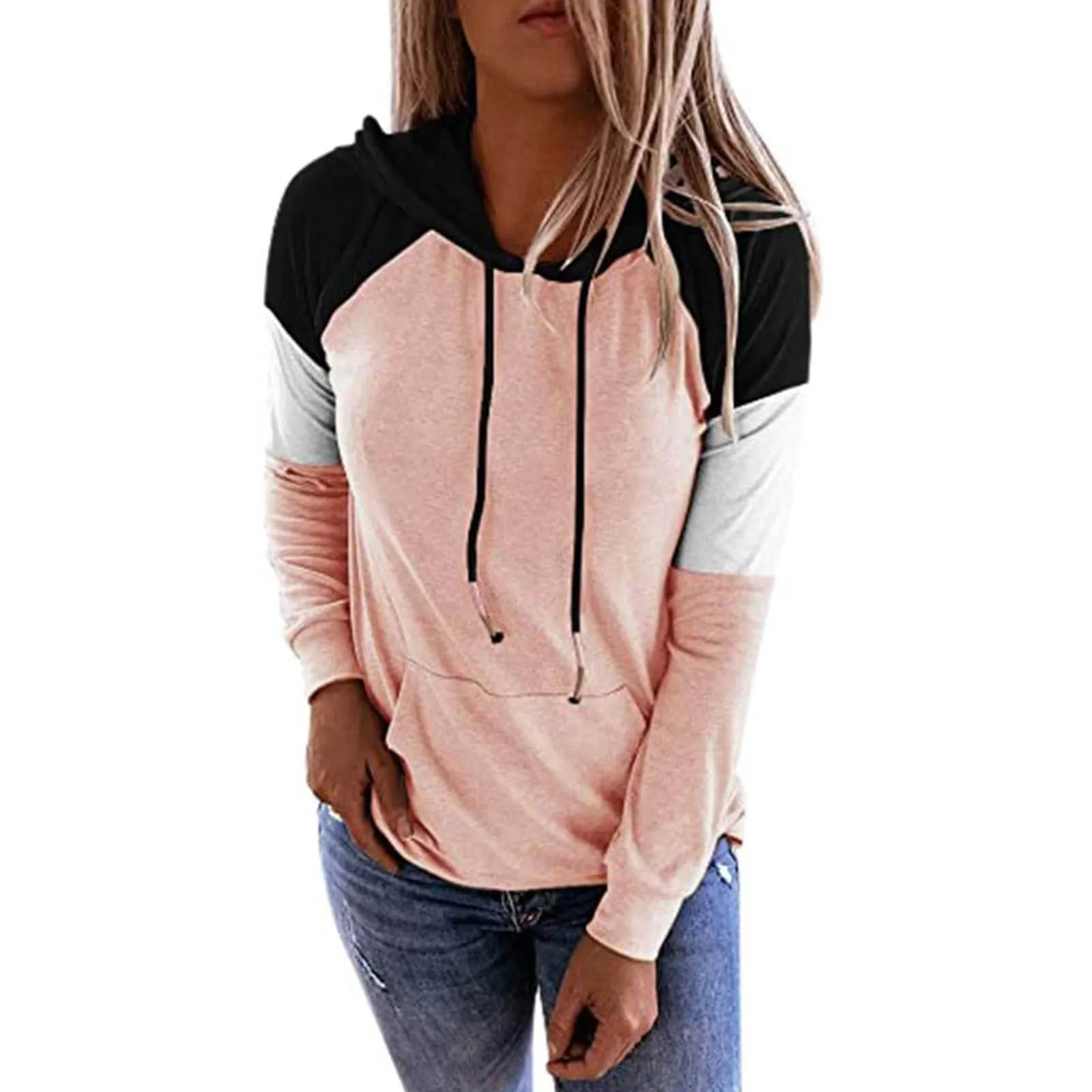 

Women Casual Autumn Long Sleeve Drawstring Hoodie Sweatshirt Stitching Pullover O-Neck Sweatshirt Hoodie 2020 Ropa Mujer
