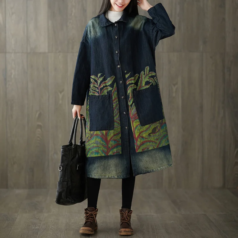 

SOUL OF TIGER Chinese Luxury Brand Womens Autumn Long Coats Ladies Ptinted Vintage Trenches Casual Denim Windbreaker Plus Size
