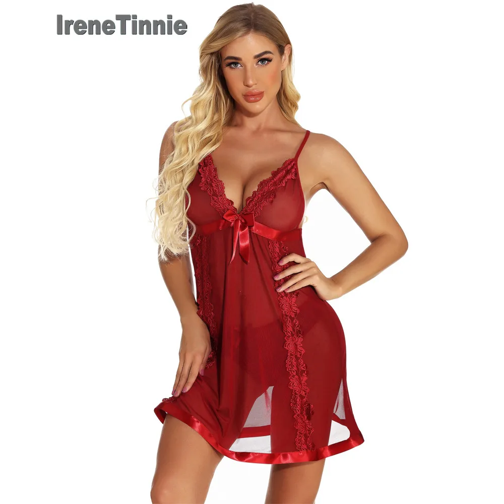 

Irene Tinnie Sexy Erotic Lingerie Women Lace See-Through Night Dress Mujer Sexy Pajamas 2pcs Sets Deep V Nightgown Sleepwear