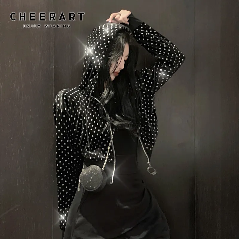 CHEERART уличная люрексом куртка с капюшоном Для женщин узором в горошек застежкой