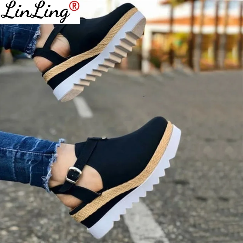 

Women's Sandals Vintage Wedge Shoes Woman Buckle Strap Straw Thick Bottom Flats Platform Sandals Flock Female Shoes Summer 2021