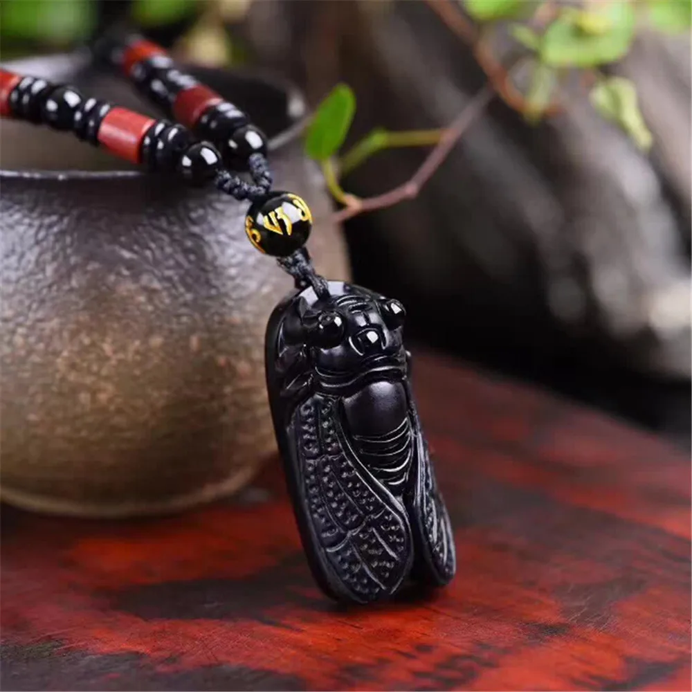 Подвеска Цикада из натурального черного обсидиана ожерелье с бисером модные
