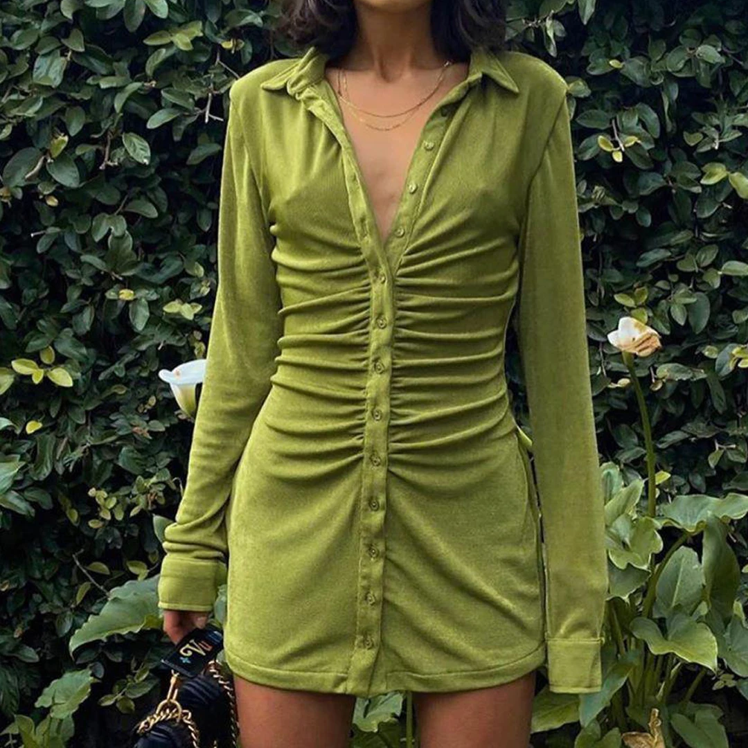 

Sexy Mini Slim Dress Women Green Club Party Dress Turn-Down Collar Button Short Dresses Female Elegant Streetwear Shirt