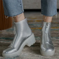 2020 chic shoes women genuine leather chunky high heels platform pumps shoes female high top round toe ankle boots casual shoes