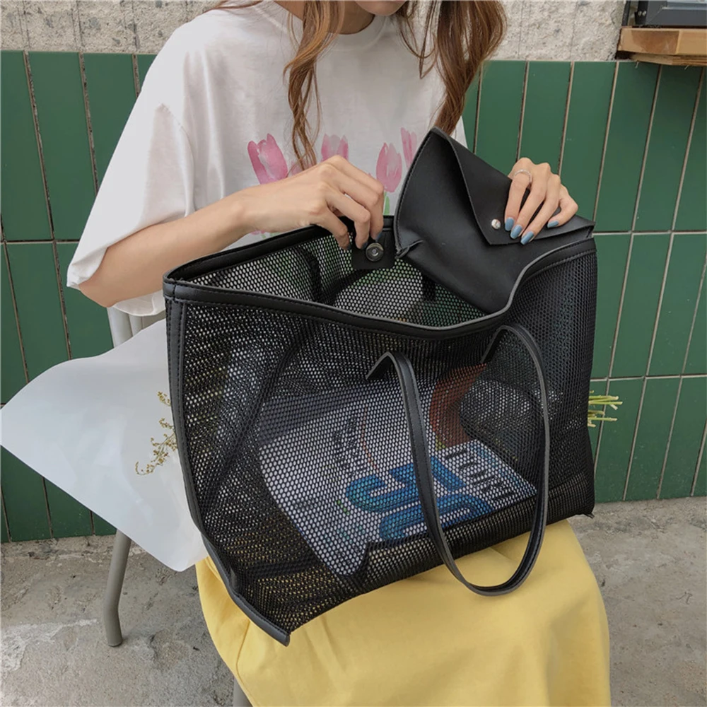 

Casual Mesh Hollow Tote Bags for Women Shoulder Bag Large Capacity Shopper Bag 2021 Travel Swim Big Women's Bag Purses Clutch