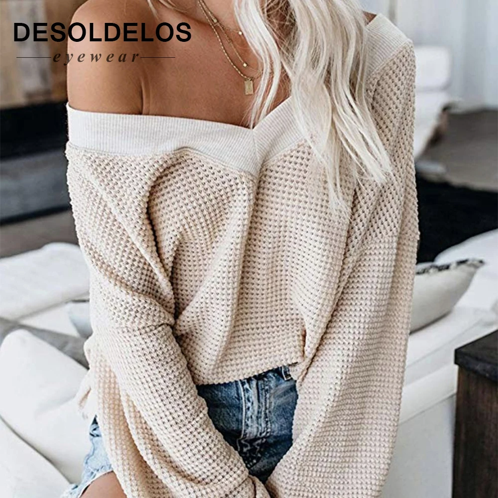 

New Solid Women Sweater V Neck Loose Knit Sweater Women Sexy Off Shoulder Autumn Sweater Long Sleeve Pullovers Christmas Sweater