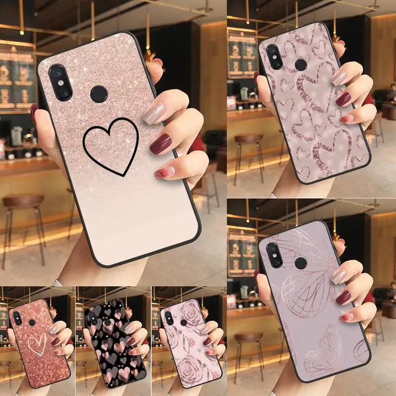 

Yinuoda Gold Rose Love heart Silicone Black Phone Case Phone Case For Redmi K20 Note 5 7 7a 6 8 Pro note 8T 9 Xiaomi Mi 8 9 SE