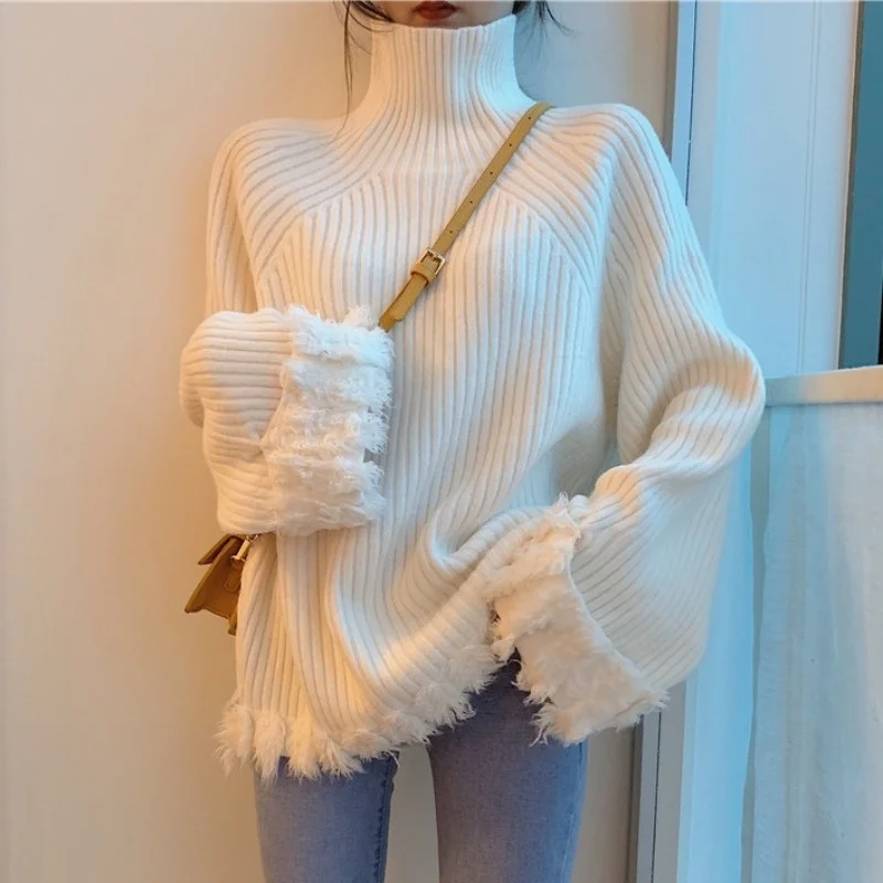 

Knitted Turtleneck Sweater Women Winter Warm Pullover Sweater Casual High Street Patchwork Designer Korean Sweater Women 2021