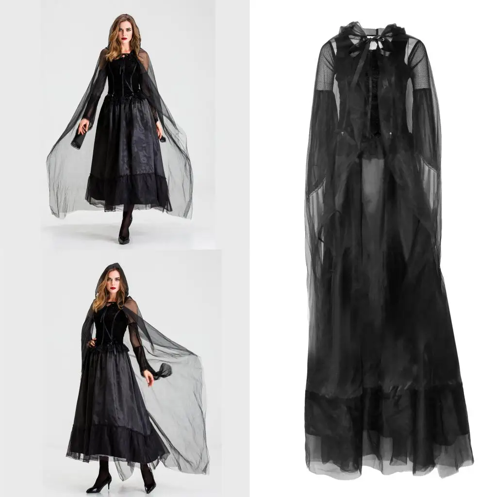 

Черная вуаль с капюшоном плащ Макси накидка длинное платье Женский костюм Grim Reaper вечерние косплей на Хэллоуин