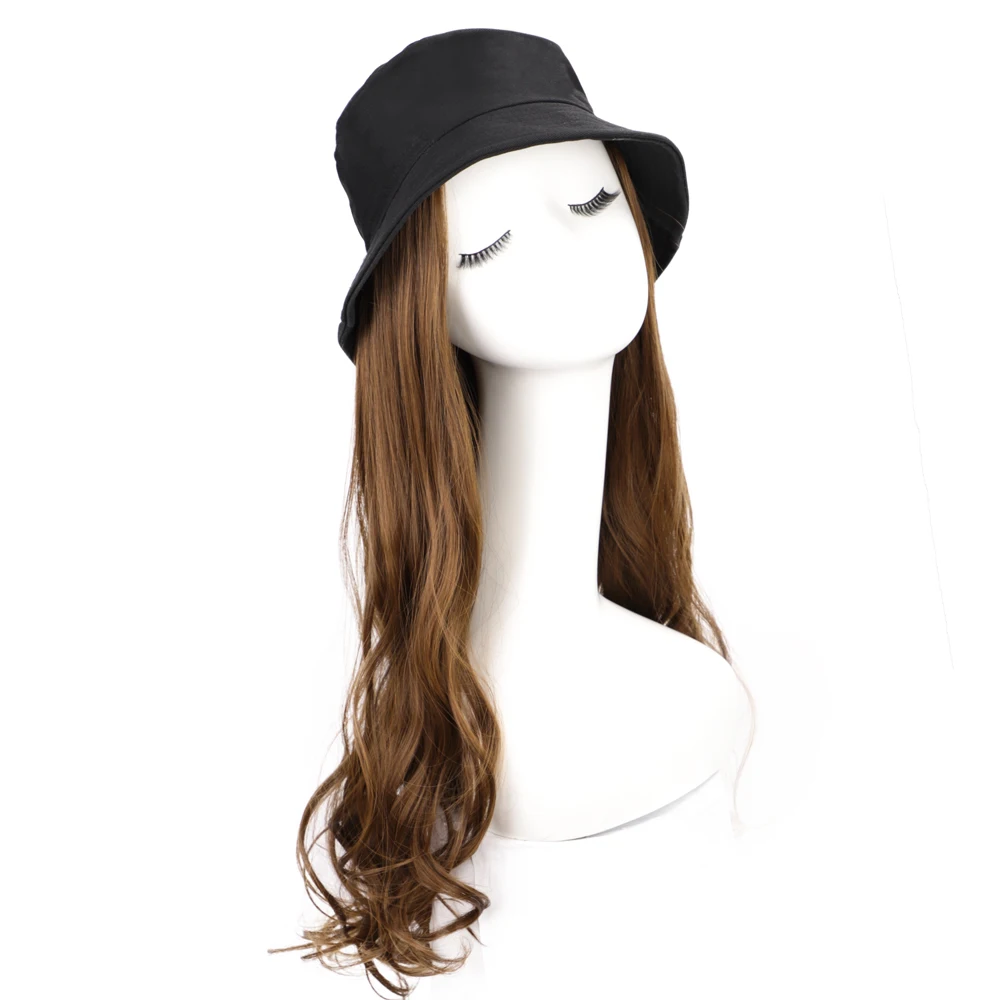 

Long 22" Synthetic Hat with Hair Wig Fashion Femal Hat Hair Wig Black/Brown Color Body Wave Wigs Adjustable for Girl Outdoor