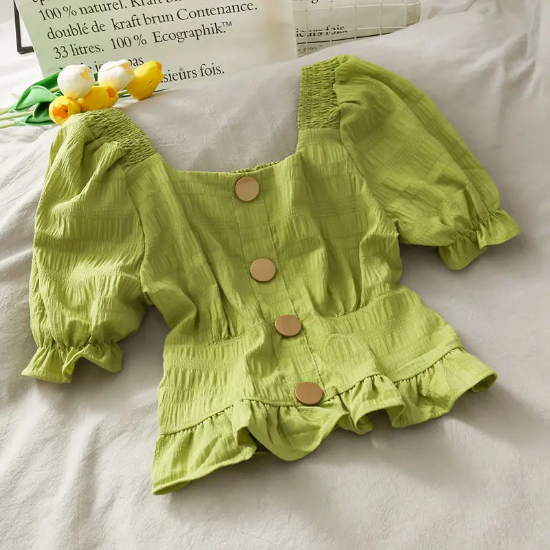 

2021 Ulzzang Stretch Slim Elegant Femme Shirts Blouse Women Pleat Design Lovely Puff Sleeve Vintage Ladies Clothing Crop Top