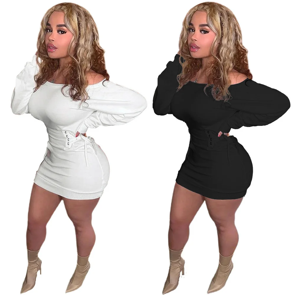 

Cutubly Sexy Slim Party Dresses For Women 2021 Fashion Slash Neck Long Sleeve Dress Solid Lace Up New Elegant Vestidos