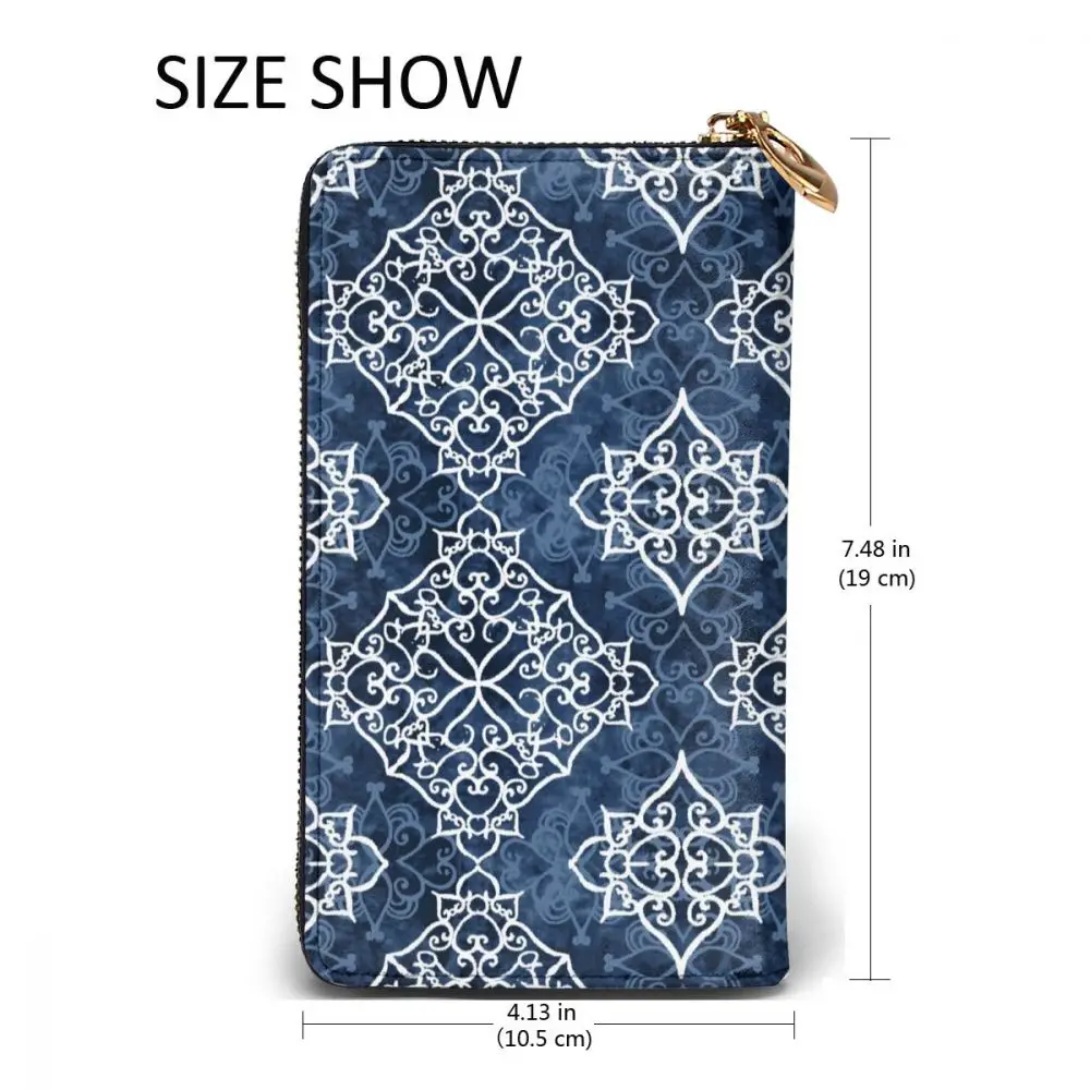 

Long Clutch Wallet Indigo Prints Large Capacity Leather Purse Zipper Pocket Card Holder for Woman Man