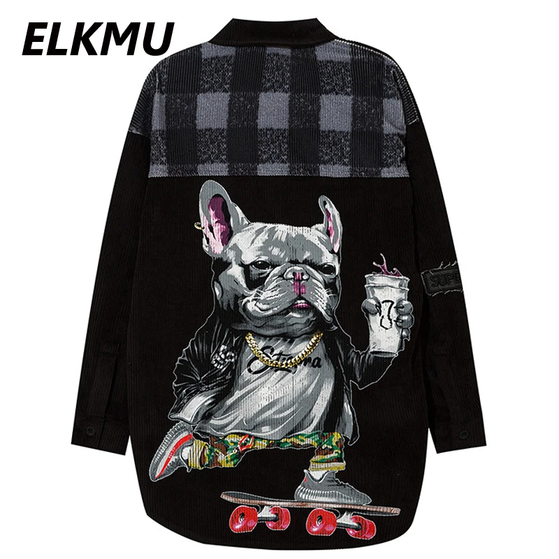 

ELKMU Hip Hop Streetwear Funny Dog Print Shirts Harajuku Plaid Shirts Men Autumn Jackets Long Sleeve Oversized Tops Unisex HM573