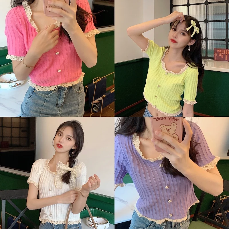 

Sweet Style Knitted Lace Up Crop Top Women's Clothing Tees Slim Fashion Brand Korean Version T Shirts Summer Ladies Chic New