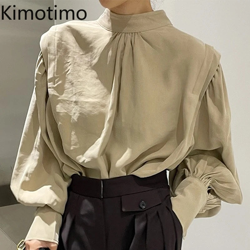 

Винтажная блузка Kimotimo, женские корейские шикарные ретро-рубашки с воротником-стойкой, однобортные топы на спине, осенние свободные рубашки ...