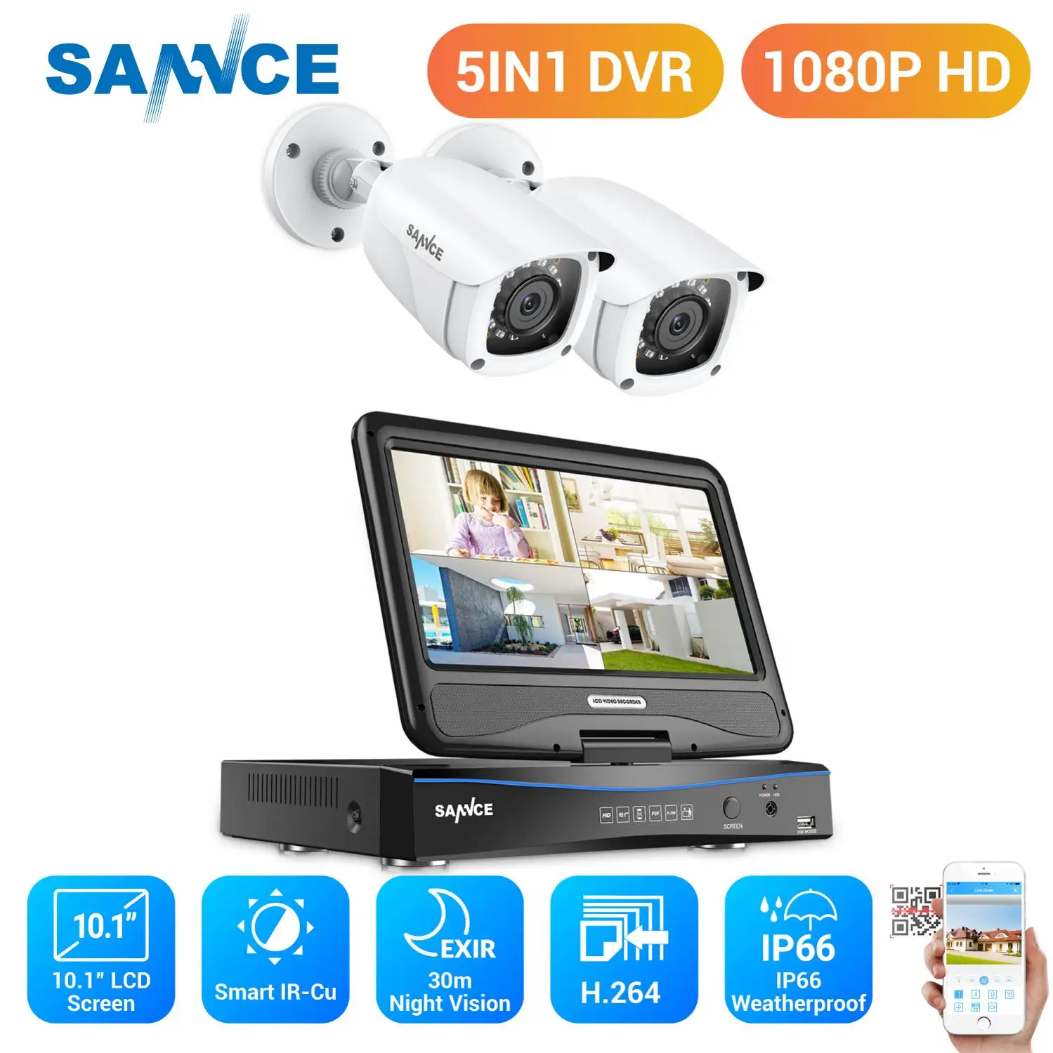 SANNCE 10 дюймовый ЖК монитор 4CH DVR 1080 P система видеонаблюдения 2 шт. МП уличная