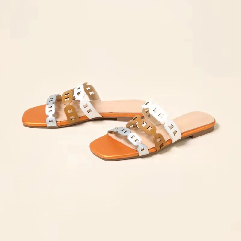 

Designer Women Slides Flat Heel Slippers Mixed Color Sandals Bohemia Flip Flops Square Toe Big Size 36-42