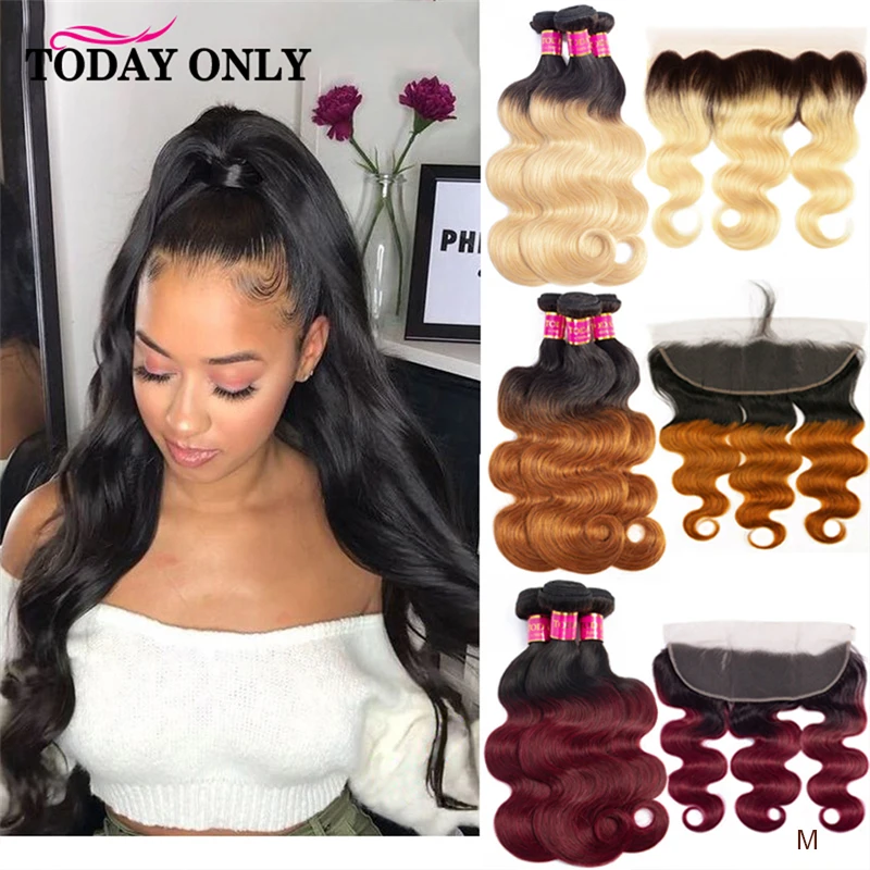 Human Hair Frontal With Bundles Ombre Brazilian Weave Honey Blonde 613 Body Wave Burgundy Remy | Шиньоны и парики
