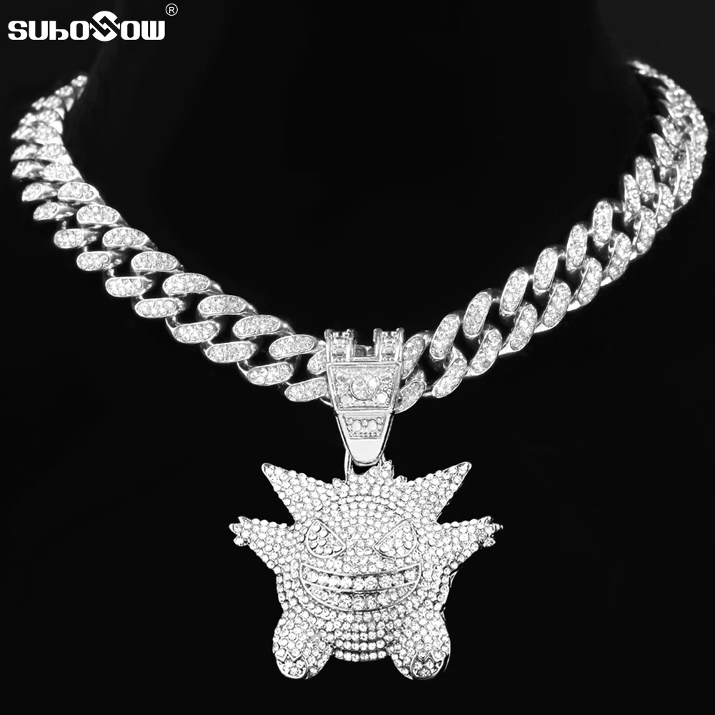 

Hip Hop Rock Anime Ghost Pendant Necklace For Men Women with 13mm Miami Cuban Chain Iced Out Rhinestone Necklaces Trendy Jewelry