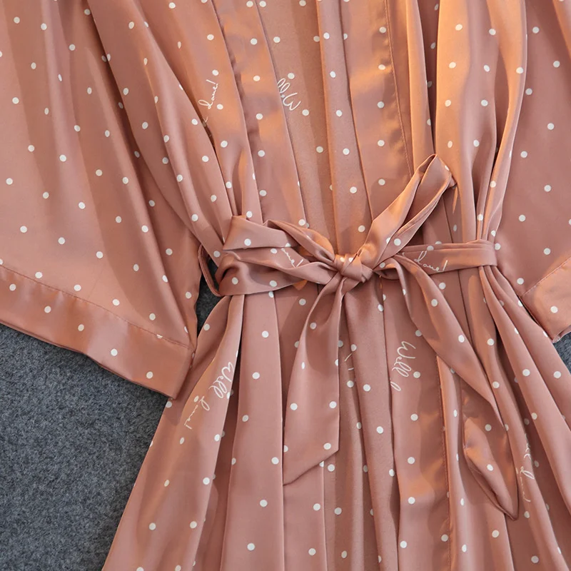 

Spring Ice Silk Pyjama Suit Women Pink Print Dot Pajamas Set Sexy Lace Stain Silk Pajamas Nightgown Sleepwear With Chest Pads