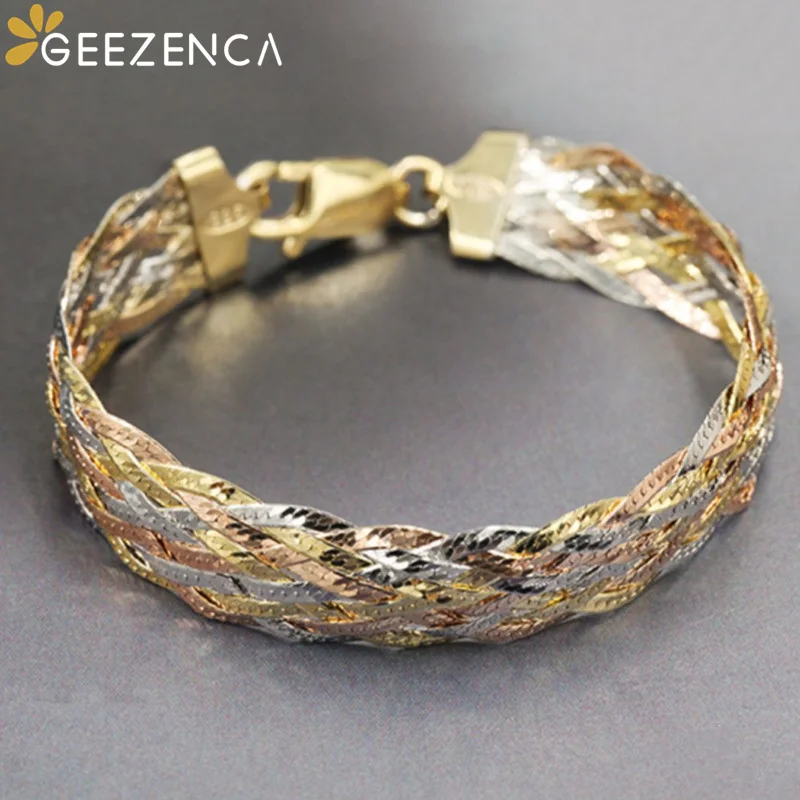 

GEEZENCA 925 Sterling Silvet Three Color Nine Threads Woven Bracelet For Women Ialian Jewelry Luxury Wide Shinny Bracelets Gift