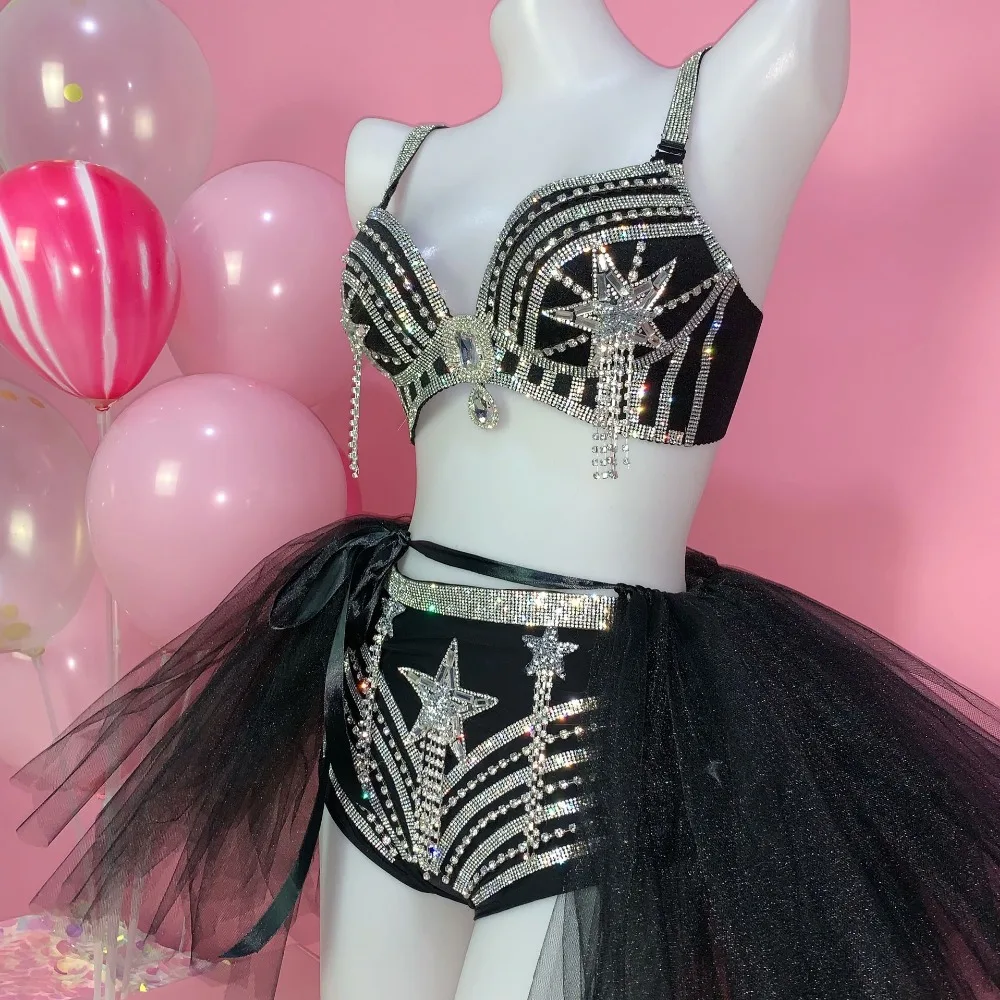 Luxury Rhinestone Star Bikini Black Skirt Set Models Catwalk Stage Show Performance Clothes Night Club Party Dance Costume