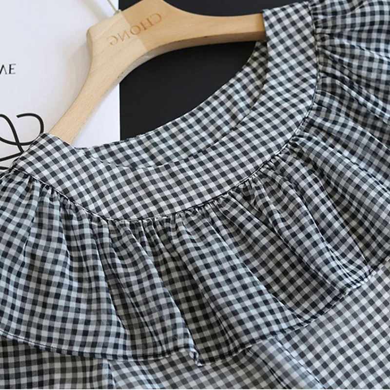 

Blouses Short Sleeves Shirt Summer Plaid Print Female Ruffle Pullover 2021 Summer Vintage Shirts Womens IO-Neck Thin Loose Tops