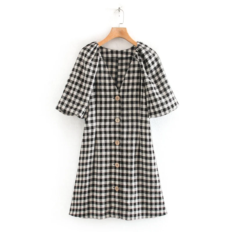 Женское платье с V образным вырезом элегантное клетчатое повседневное мини