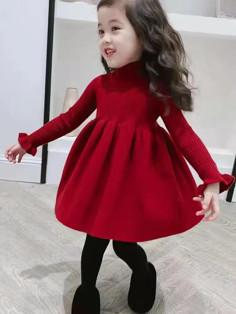 Платье для маленьких девочек свитер с высоким воротником трикотажное платье