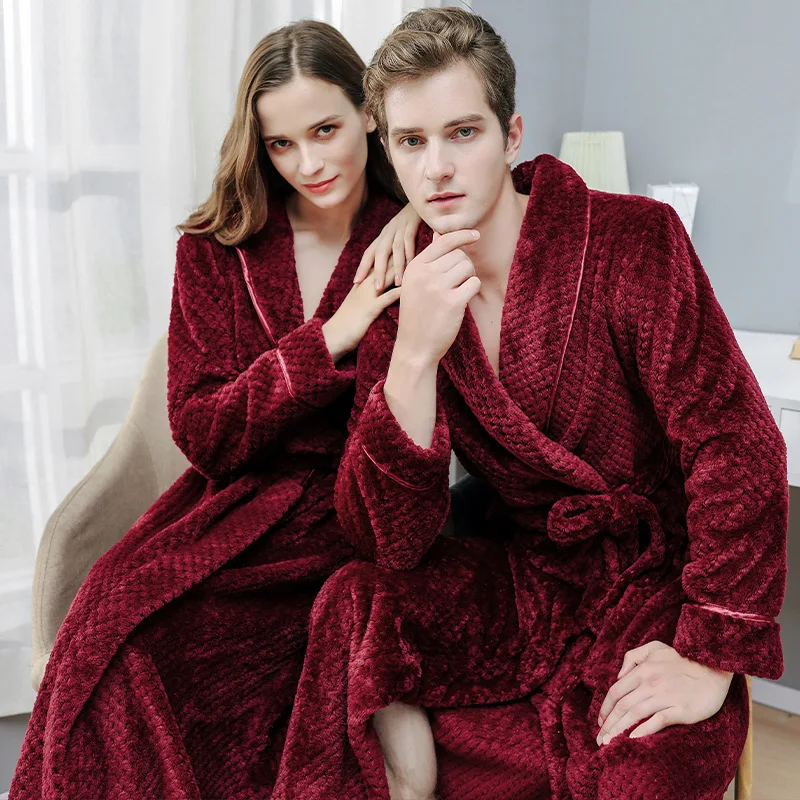 Couple Autumn/winter Solid Color Pajamas Plush Sexy Waist Yukata Velvet V-neck Belted Robe Home Suit for Bridesmaid Gift