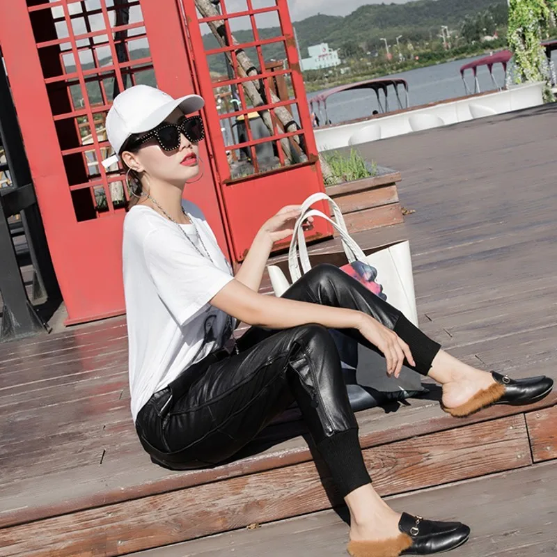 

Autumn Winter Womens Genuine Leather Ribbed Patchwork Harem Pants Elastic Waist Casual Sheepskin Ankle Length Pants Plus Size
