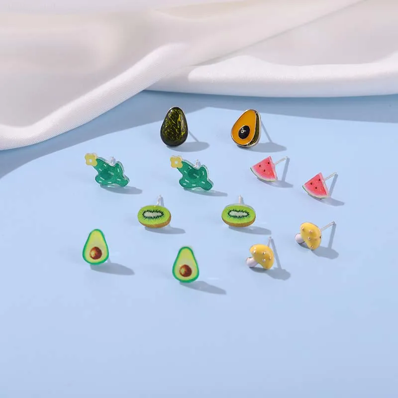 

Cartoon Fruit Stud Earrings Green Avocado Kiwi Cactus Ear Studs Red Watermelon Earrings Cute Mushroom Earrings Gift for Friends