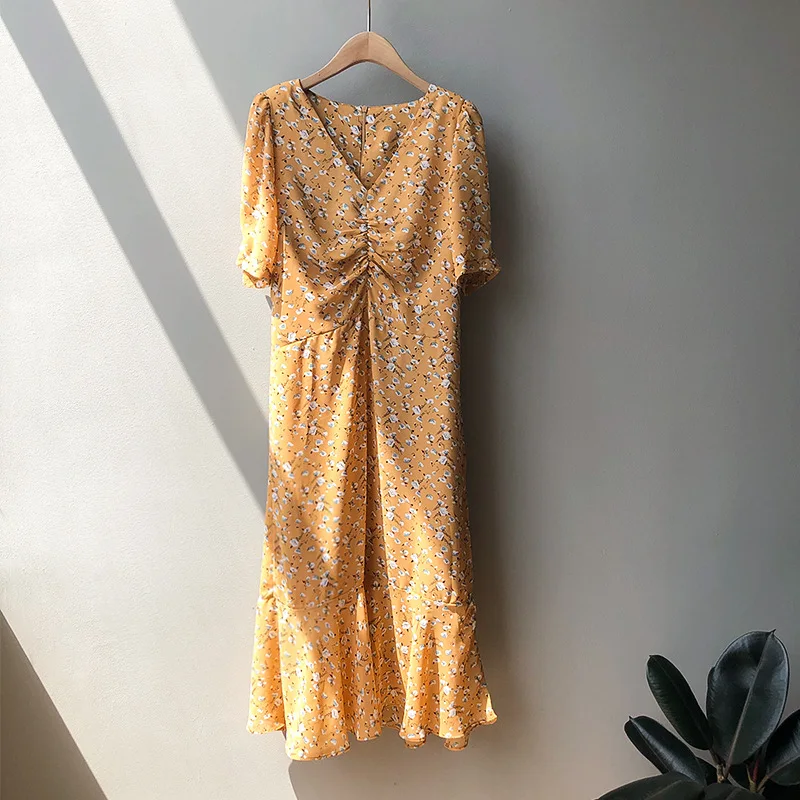 

Casual Women Dresses New Elegant Chiffon Floral Skirt Female Long Render Dress Short Sleeves Clothes Summer 2021