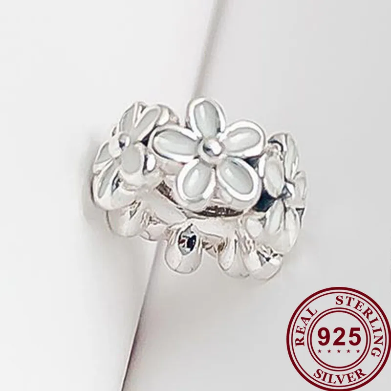 

100% 925 Sterling Silver Bead New White Enamel Daisy Beads Fit Pandora Women Bracelet & Necklace Diy Jewelry