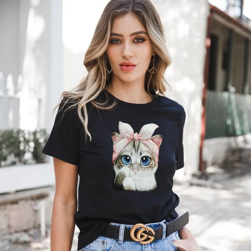 Новинка 2019 женская рубашка летняя с принтом кота круглым вырезом короткими