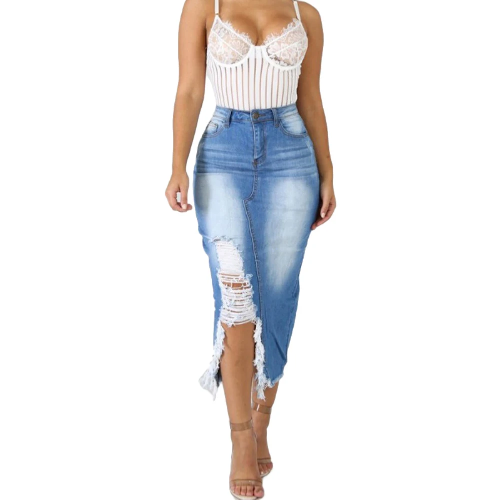 

Women Skirts Summer Fashion High Waist Skirts Ripped Split Denim Distressed Pockets Jeans Bodycon Slim Streetwear A-line Skirts