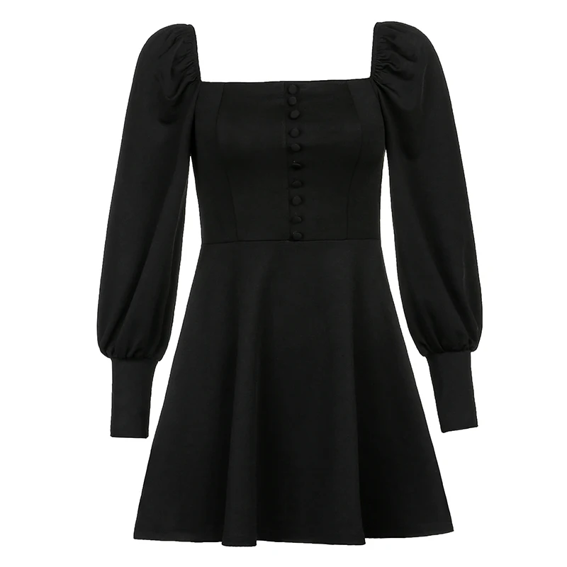 

Knitting Bubble Long-Sleeved Dress Women Office Lady Street Casual Black Simple Bodycon Mini Dress Fashion Sexy Femme Robe 2021