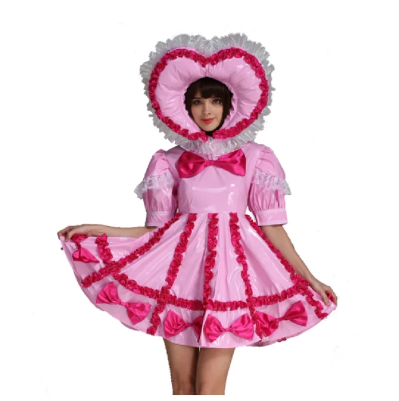 French Sissy Adult Baby PVC Lockable Pink Dress Uniform Maid Role Play Dress Cross Skirt Customization