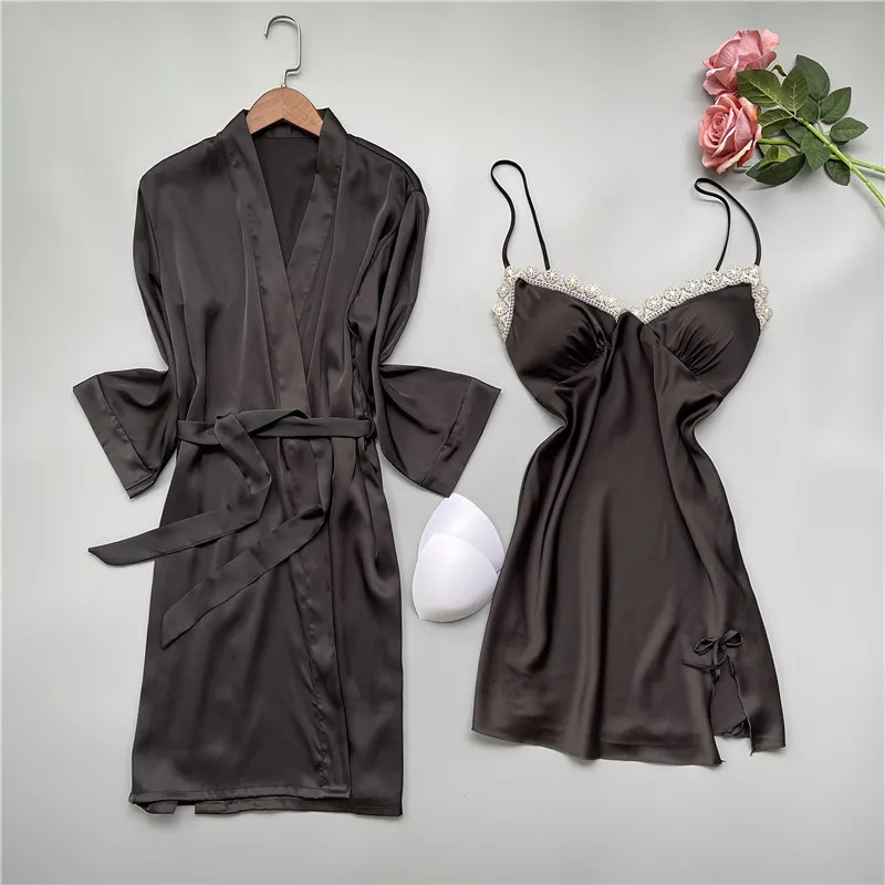 

Sexy Lace V-Neck Knee-Length Nightgown Sleepwear Summer Women Robe Set Kimono Gown Silky Gray Satin Home Dress Wedding Robe