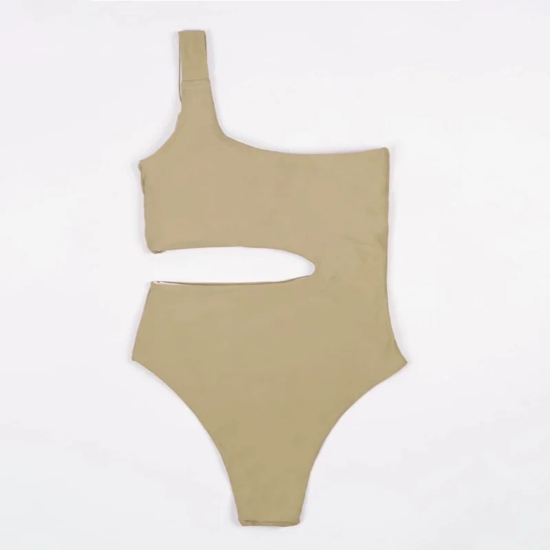 

2021 large size XL Sexy one shoulder swimsuit one piece Cut out beige swimwear women Monokini Ring bathing suit one piece suit
