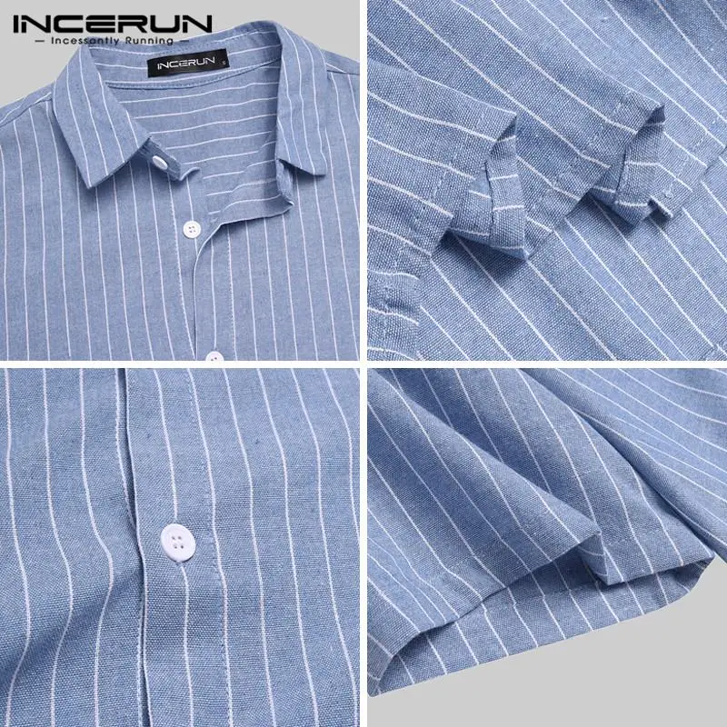 

INCERUN Summer Men Striped Shirt Short Sleeve Streetwear Turn Down Collar Leisure Blouse Harajuku 2021 Casual Camisa Masculina