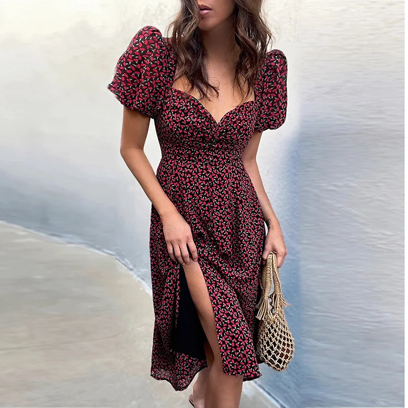 

Puff Short Sleeve Midi Dress Summer Bohemian Floral Print Split Dress Women V-Neck Vintage Party Dress Y2K Casual Femme Robe