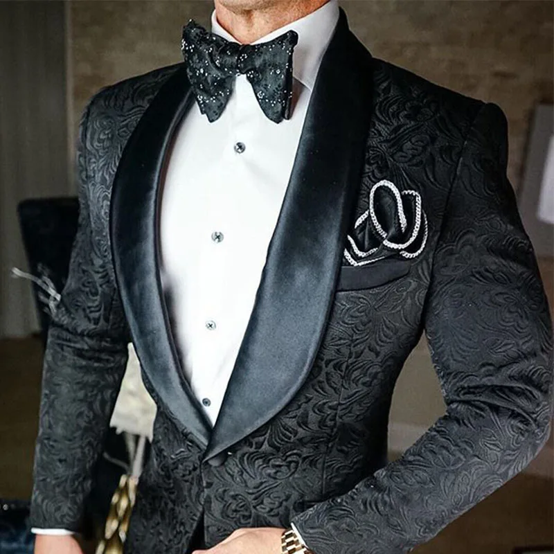 2021 Formal Black 2 Piece Men Slim Fit Jacquard Suit Slim Fit Shawl Lapel Groom Wedding Tuxedo Prom Wedding Suit For Men Dress